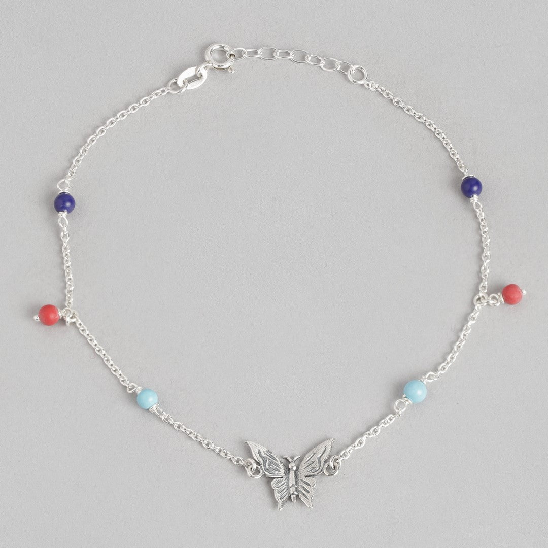 Rainbow Butterfly Rhodium Plated 925 Sterling Silver Anklet with Colorful Beads