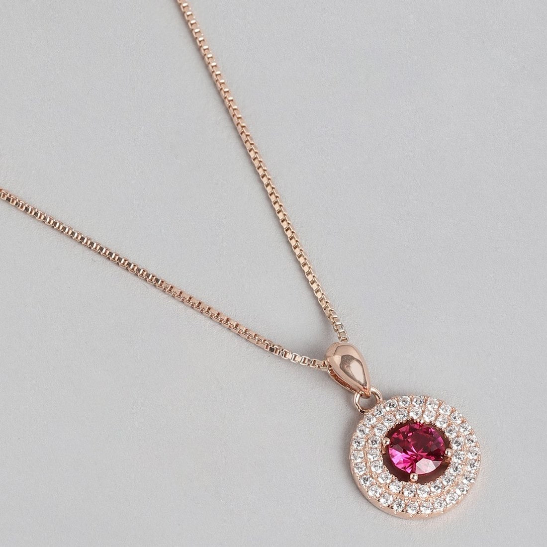 Crimson Radiance Rose Gold-Plated Circle Pendant 925 Sterling Silver Pendant with Chain