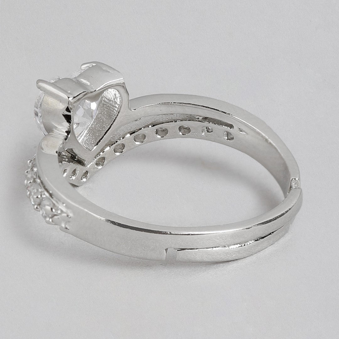 Shimmering Love Rhodium-Plated Heart CZ 925 Sterling Silver Ring (Adjustable)