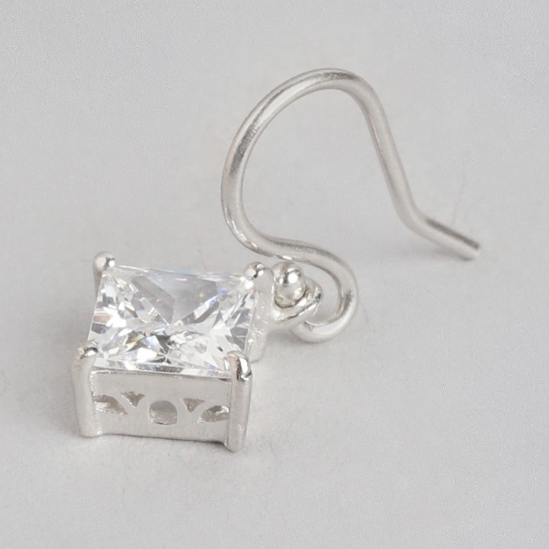 Clear Solitaire Cube Rhodium Plated 925 Sterling Silver Earring