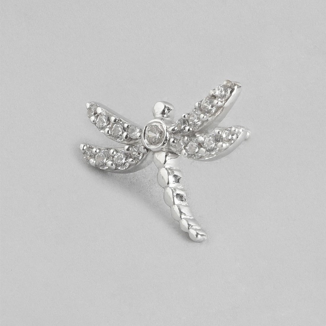 CZ Studded DragonFly Rhodium Plated 925 Sterling Silver Stud Earring