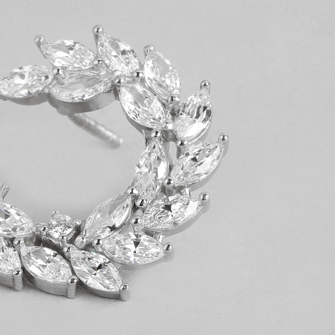 Leafy Luminance Rhodium Plated CZ 925 Sterling Silver Earrings