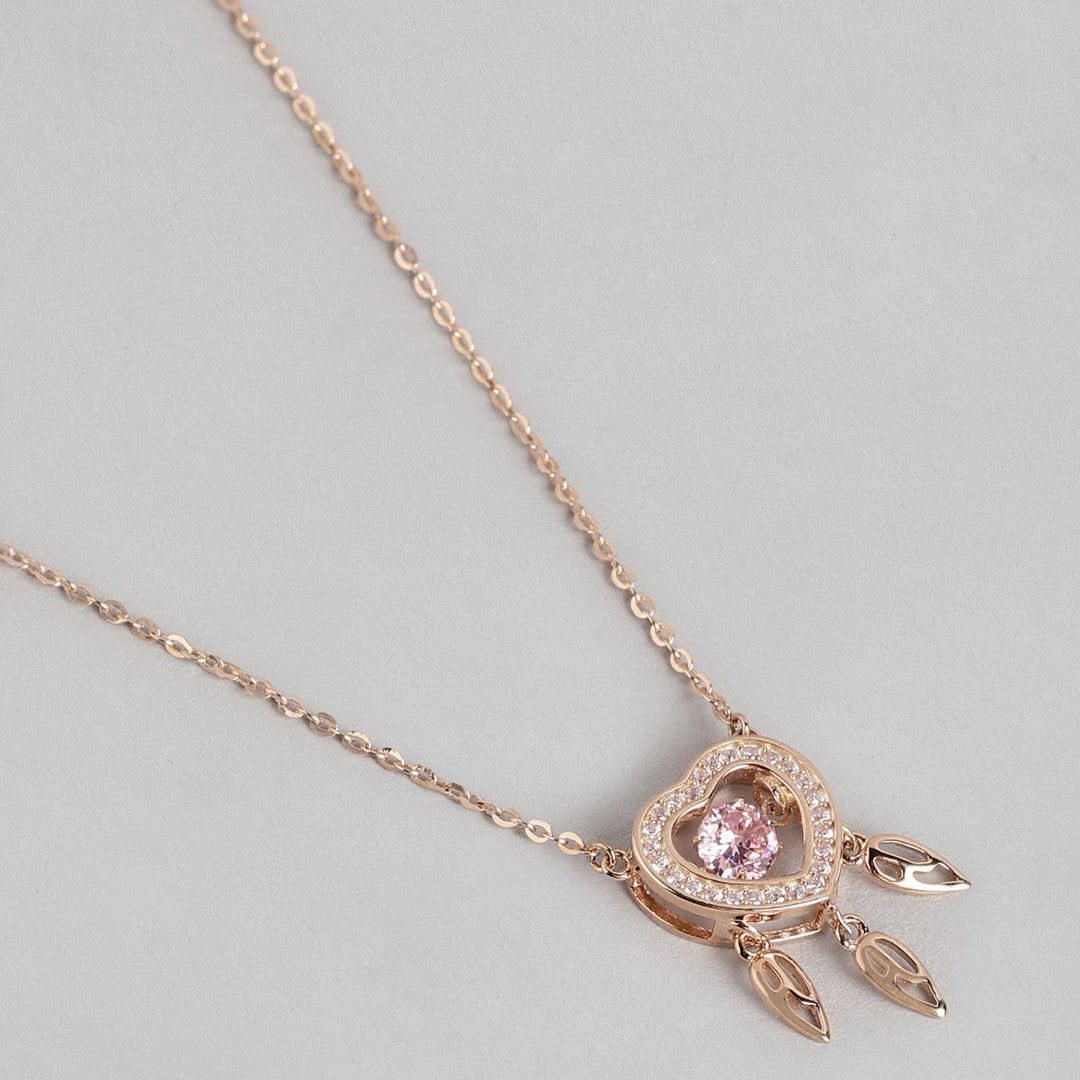 Romantic Foliage: 925 Sterling Silver Rose Gold Plated Heart and Leaf Necklace