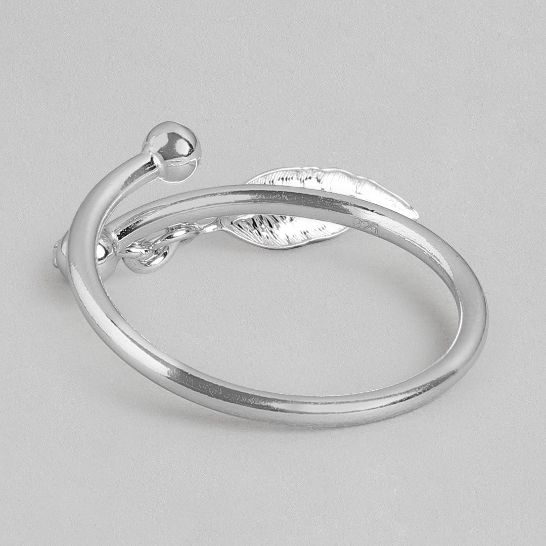 Leaf of Luxury: Rhodium Plated Adjustable 925 Sterling Silver Ring for Her (Adjustable)