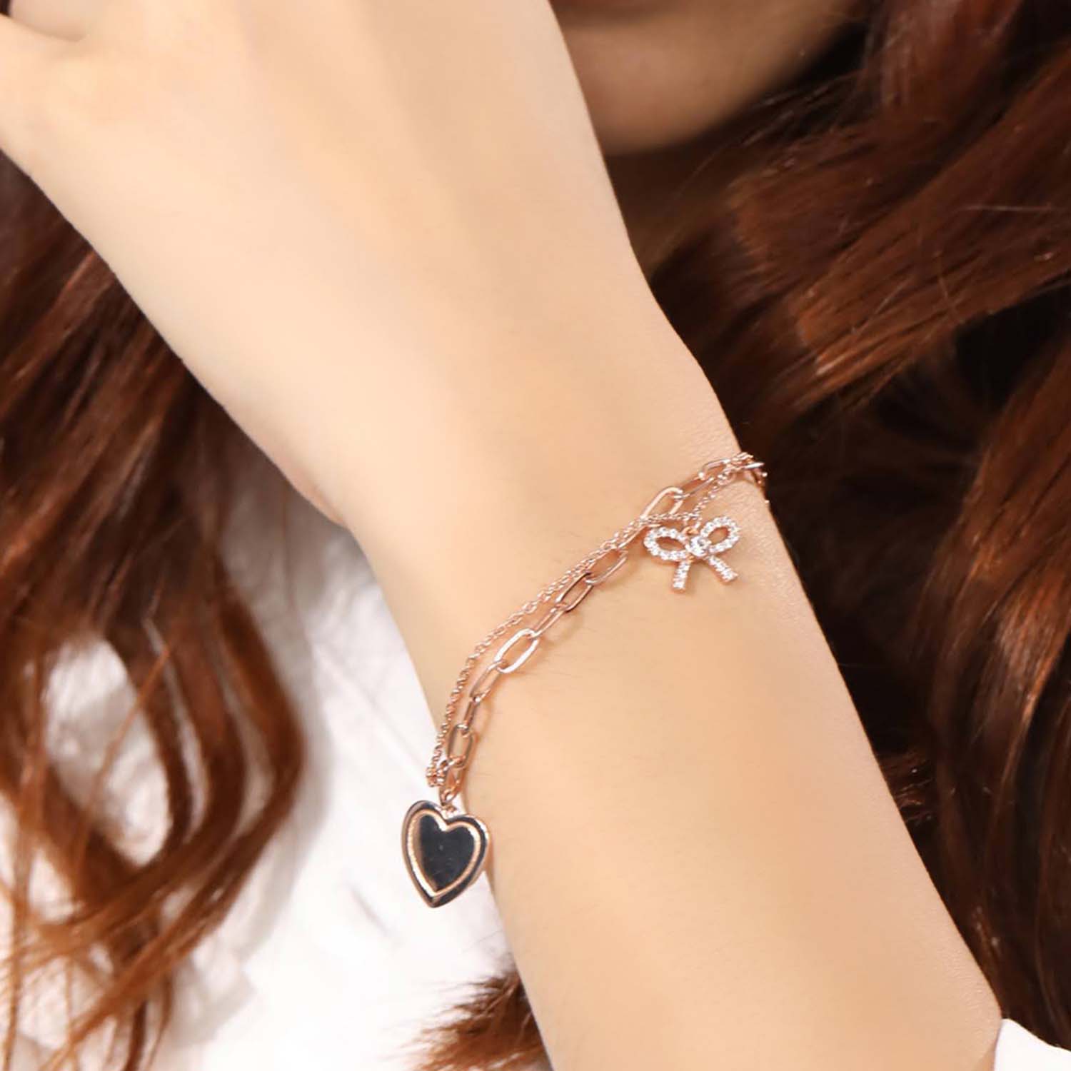 Bow and Heart CZ Charm 925 Silver Bracelet