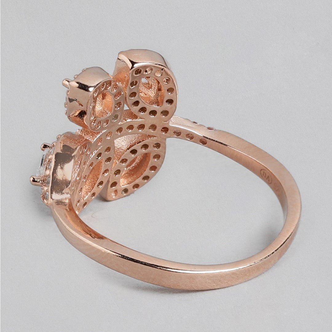 Rose Gold Leaf Whispers: CZ 925 Sterling Silver Ring for Her