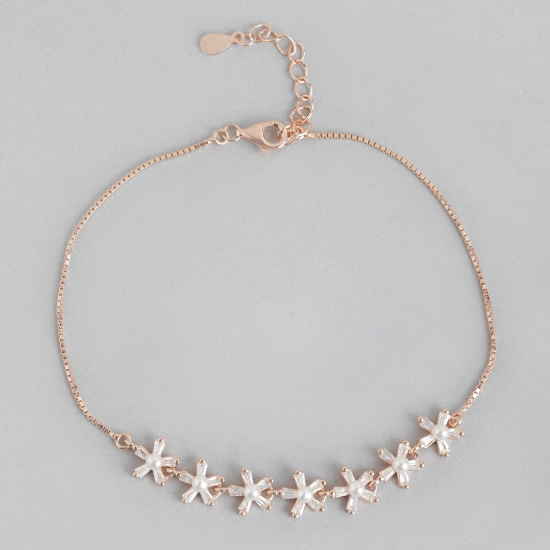 Rose Petal Elegance Pearl-CZ Rhodium Plated 925 Sterling Silver Bracelet