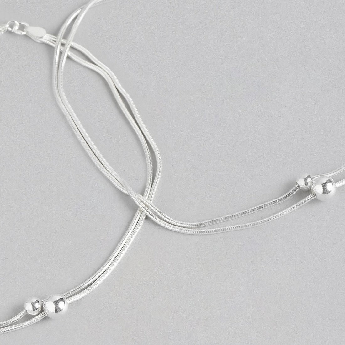 Double String Bead Rhodium Plated 925 Sterling Silver Chain Anklet