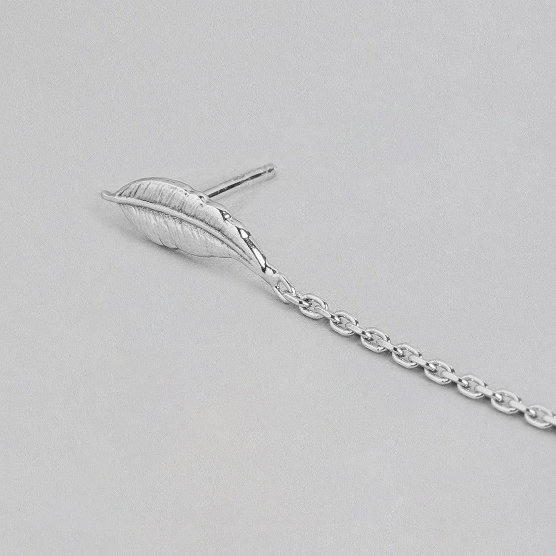Nature's Elegance Rhodium Plated 925 Sterling Silver Leaf & Chain Earring