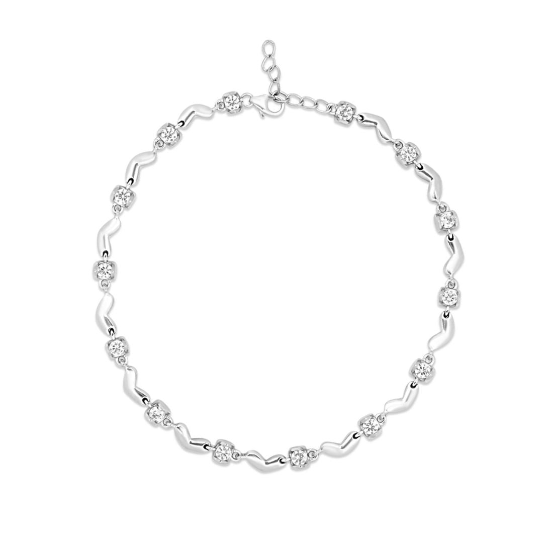 Heart CZ Rhodium Plated 925 Sterling Silver Anklet