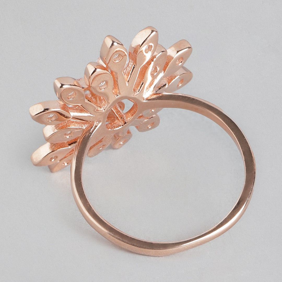 Floral Cubic Zirconia Rose Gold Plated 925 Sterling Silver Ring (Onesize)