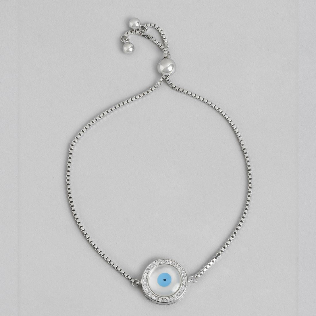 Round Evil Eye Rhodium Plated 925 Sterling Silver Box Chain Bracelet