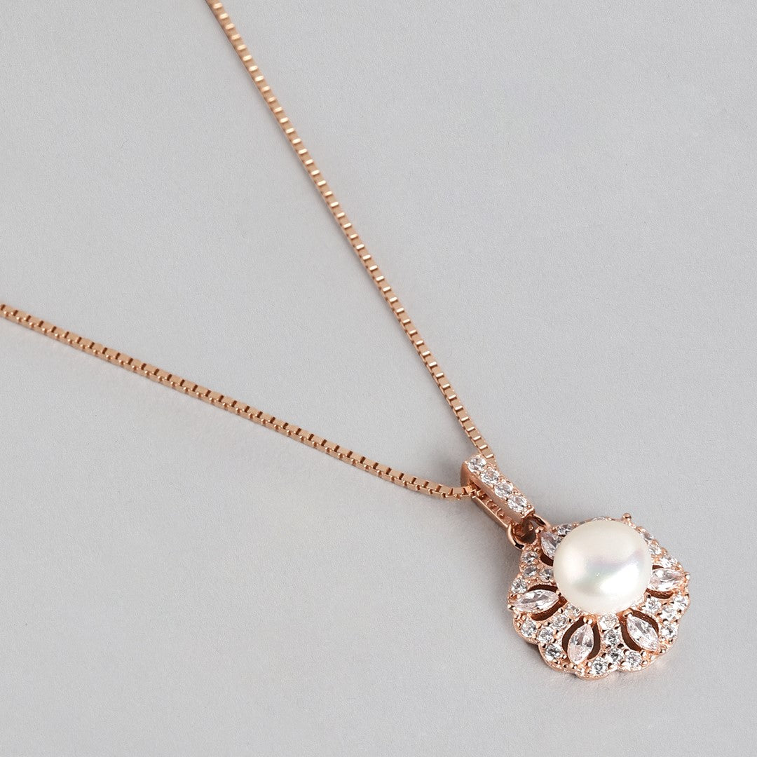 Radiant Pearl Bouquet CZ & Pearl Rose Gold 925 Sterling Silver Pendant with Chain