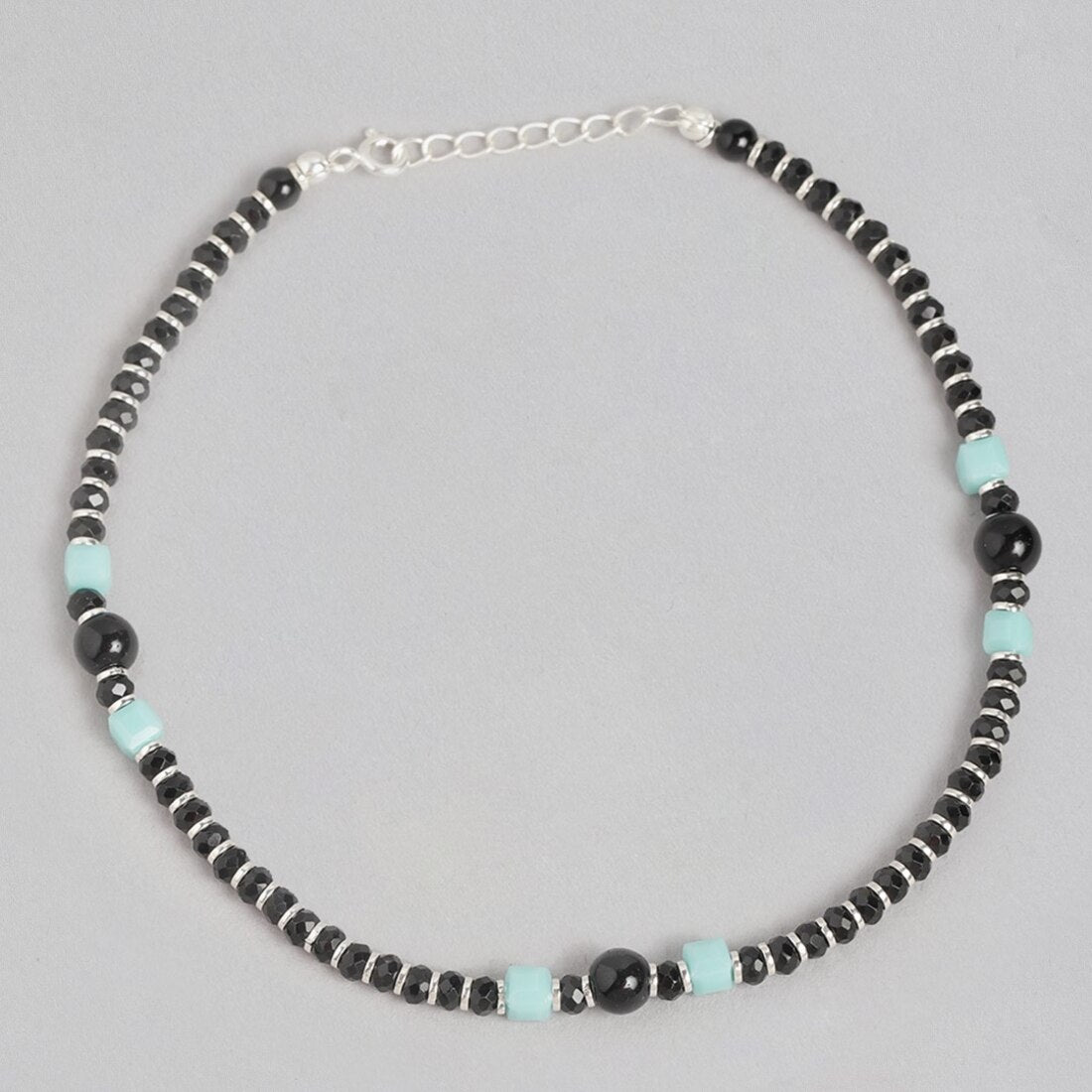 Mystic Fusion Rhodium Plated Green & Black Bead 925 Sterling Silver Anklet
