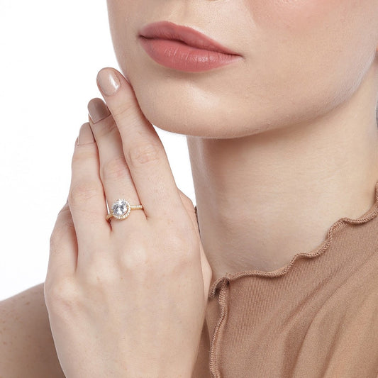 Golden Embrace 925 Sterling Silver Gold-Plated Cubic Zirconia Couple Ring (Adjustable)