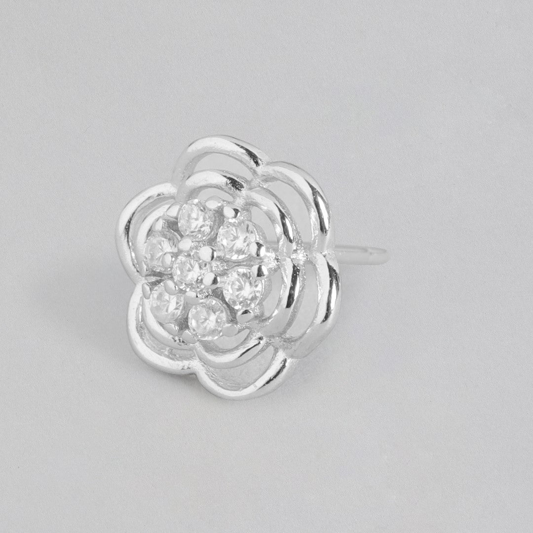 Rhodium Blossom Cubic Zirconia Flower 925 Sterling Silver Earrings