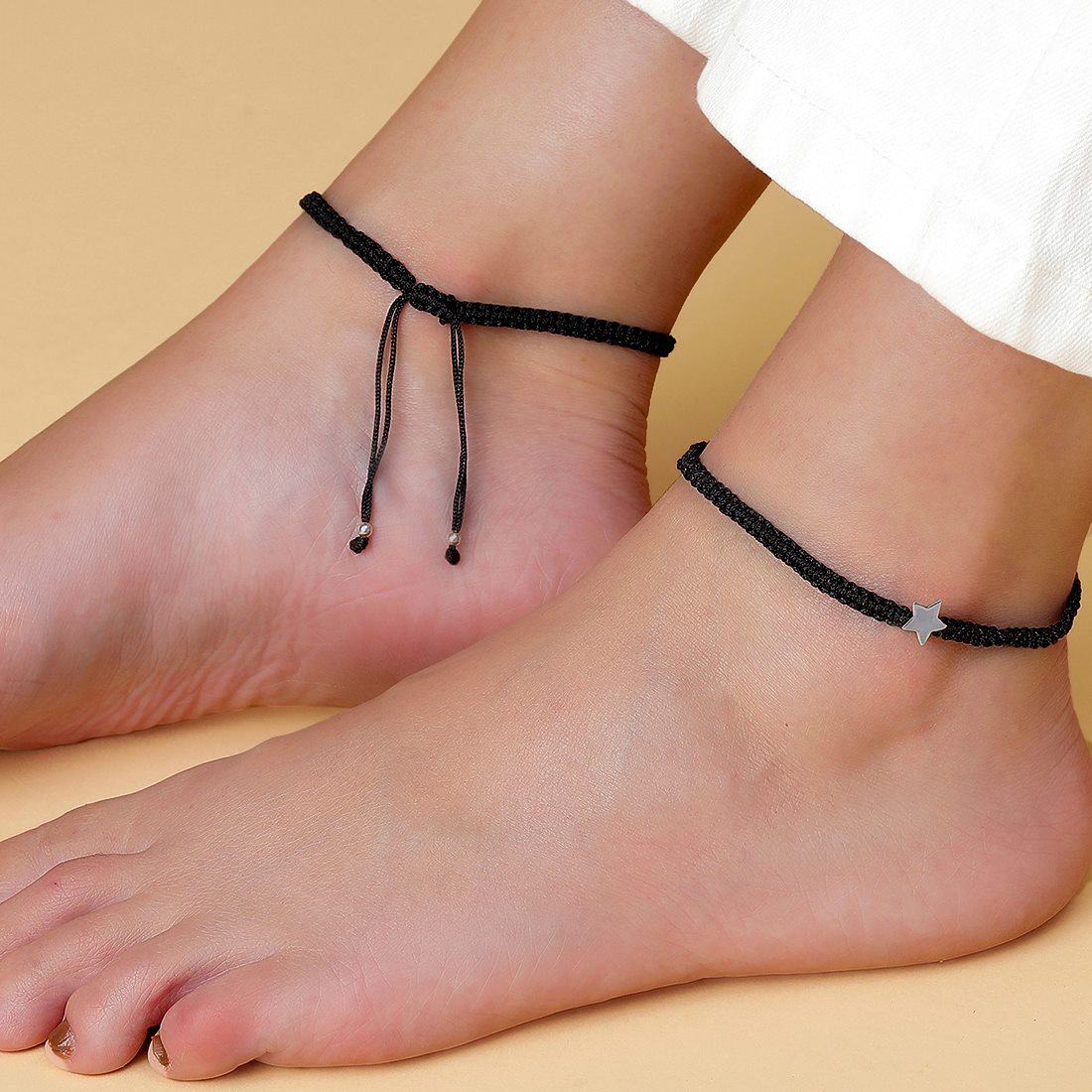 Rhodium Plated Star 925 Sterling Silver Anklet with Black Thread