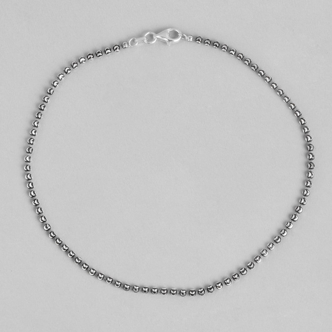 Sculpted Elegance Rhodium-Plated 925 Sterling Silver Beads Chain Anklet