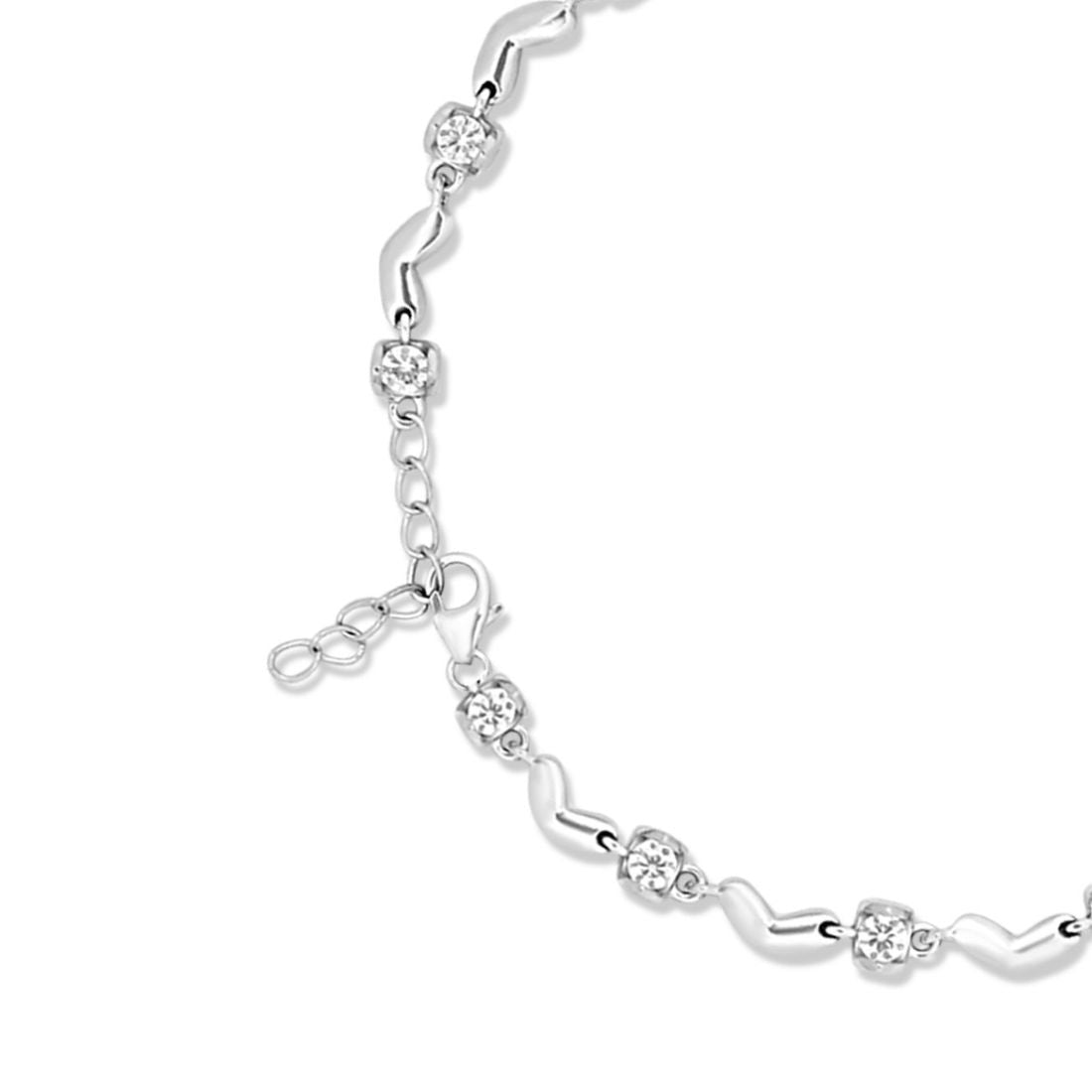 Heart CZ Rhodium Plated 925 Sterling Silver Anklet