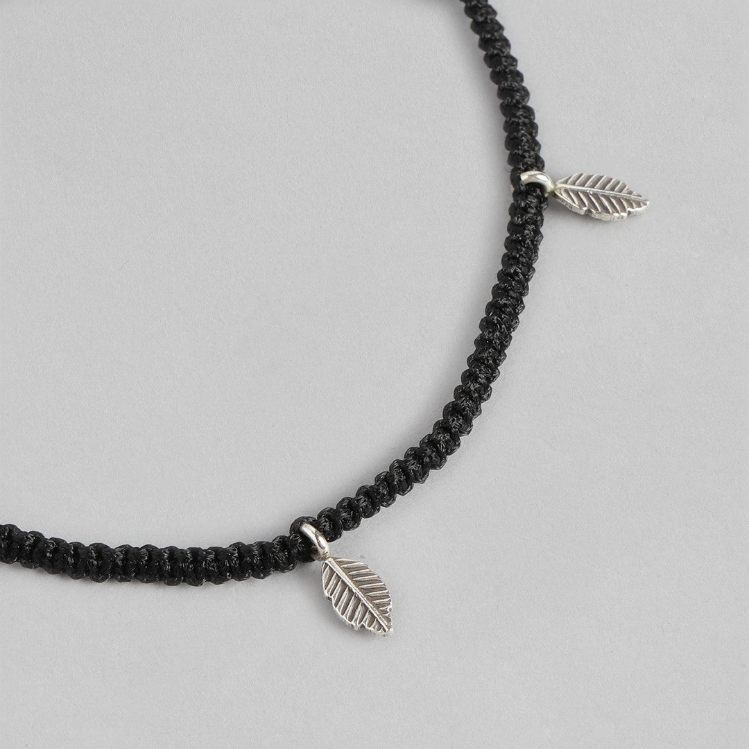Black Thread With Leaf Charms 925 Silver Anklet