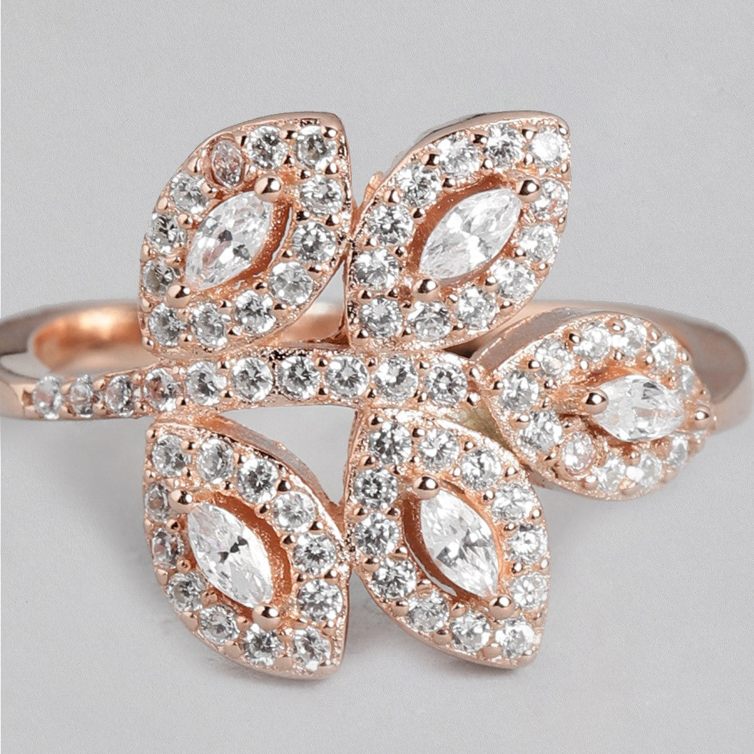 Rose Gold Leaf Whispers: CZ 925 Sterling Silver Ring for Her
