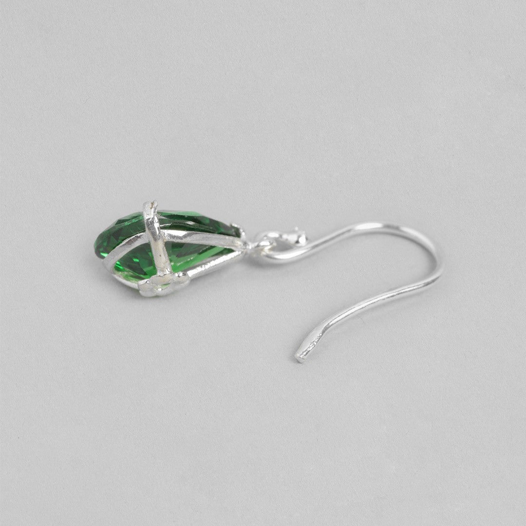 Emerald Elegance Rhodium-Plated Tear Drop CZ 925 Sterling Silver Earrings