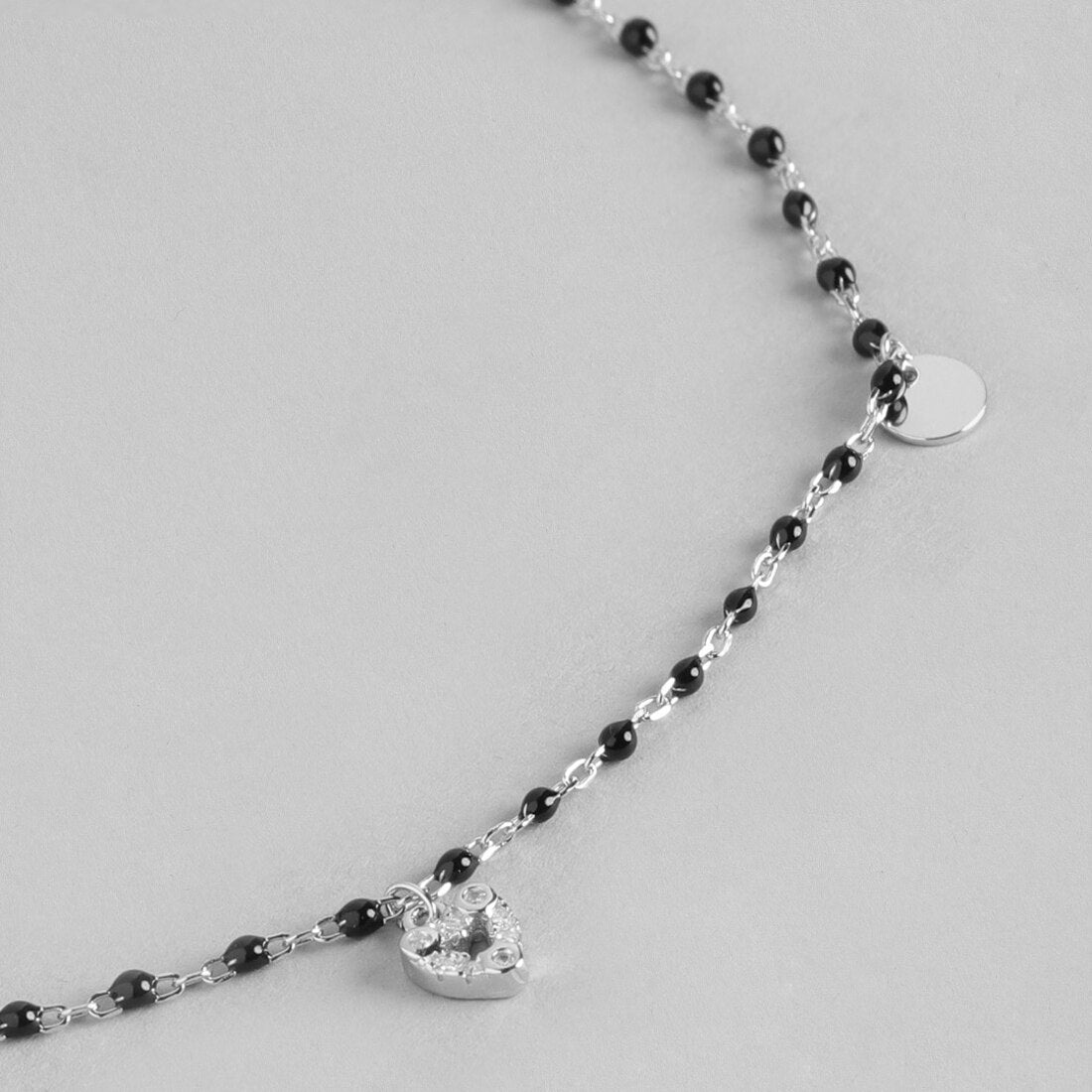 Black Beads with Heart Charms 925 Sterling Silver Anklet