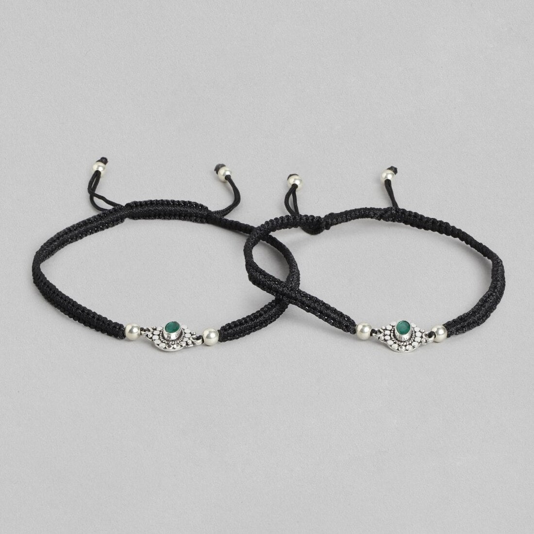 Round Green Stone Rhodium Plated 925 Sterling Silver Drawstring Anklet
