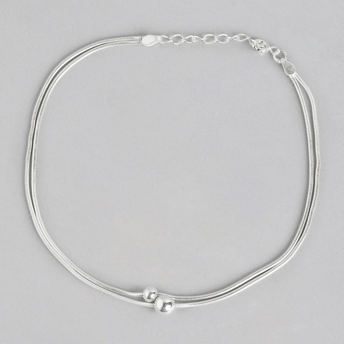 Double String Bead Rhodium Plated 925 Sterling Silver Chain Anklet