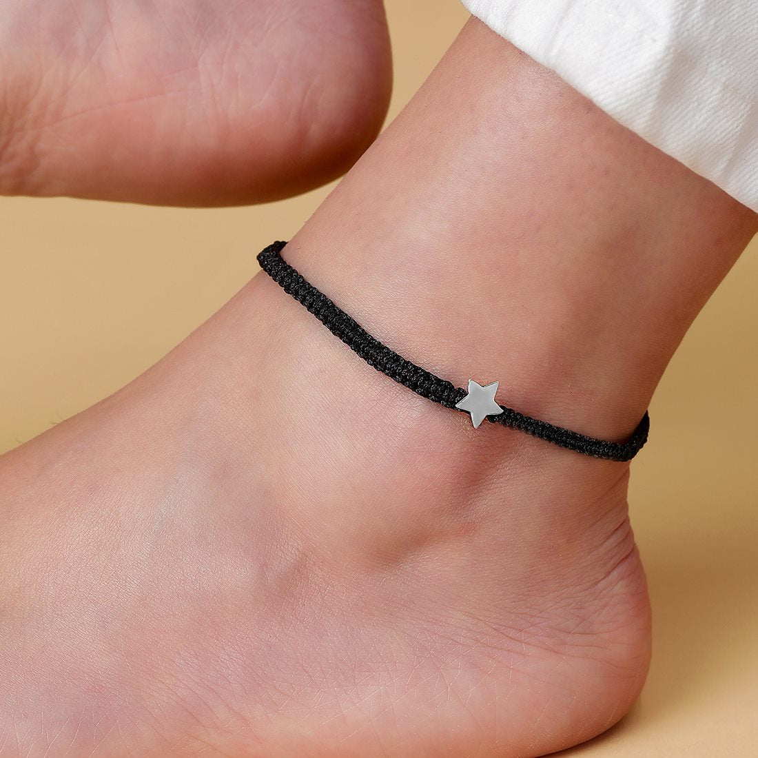 Rhodium Plated Star 925 Sterling Silver Anklet with Black Thread