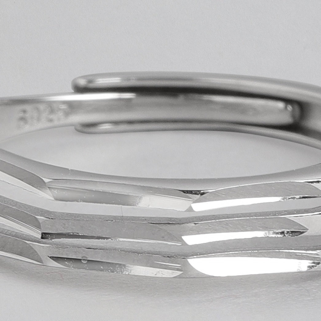 Rhodium Plated 3 Lines 925 Sterling Silver Mens Ring Gift Hamper (Adjustable)