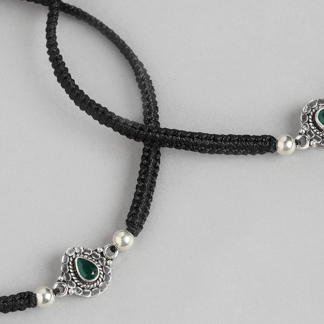 Enchanting Elegance 925 Sterling Silver Green Cubic Zirconia Anklet with Black Thread