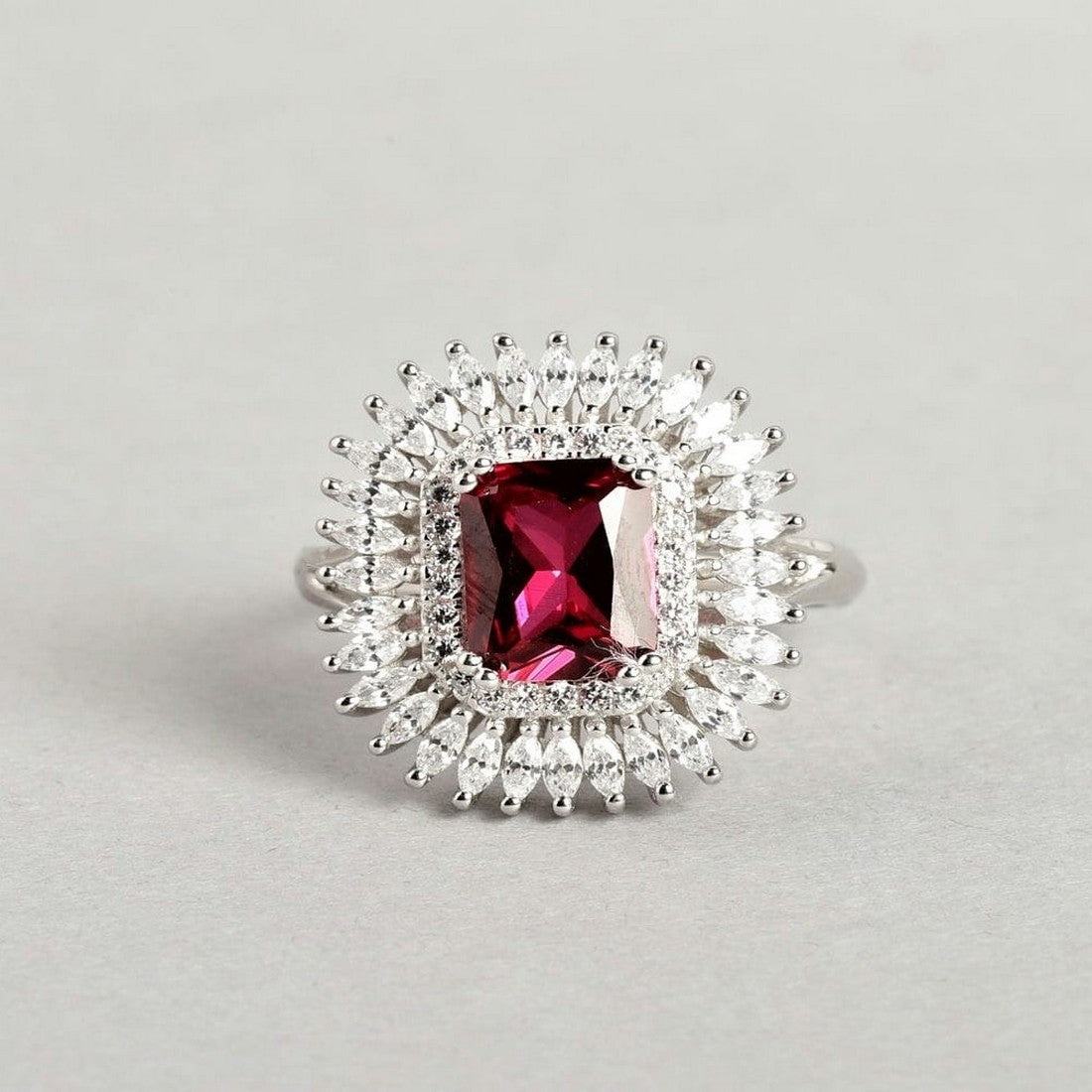 Ruby CZ Studded 925 Sterling Silver Ring for Women (Adjustable)