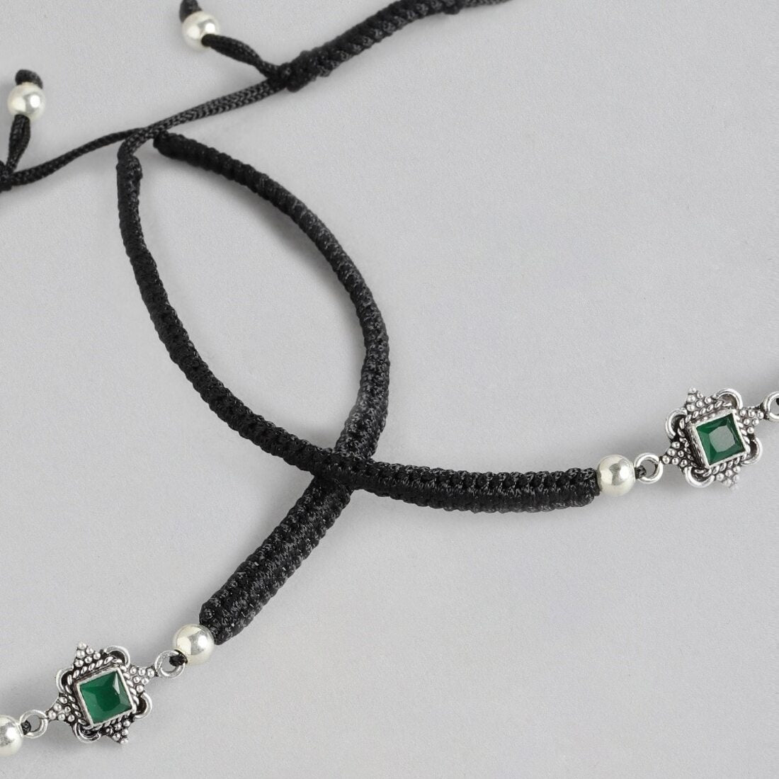 Floral Green Stone Rhodium Plated 925 Sterling Silver Thread Anklet