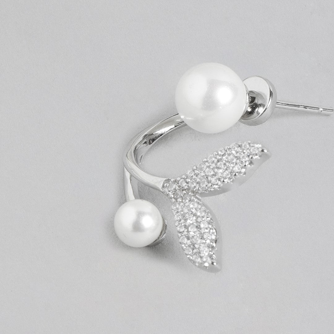 Pearl of the Sea Rhodium-Plated 925 Sterling Silver 2-Way Fish Tail Earrings