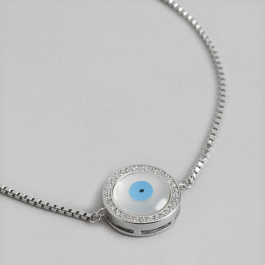 Round Evil Eye Rhodium Plated 925 Sterling Silver Box Chain Bracelet