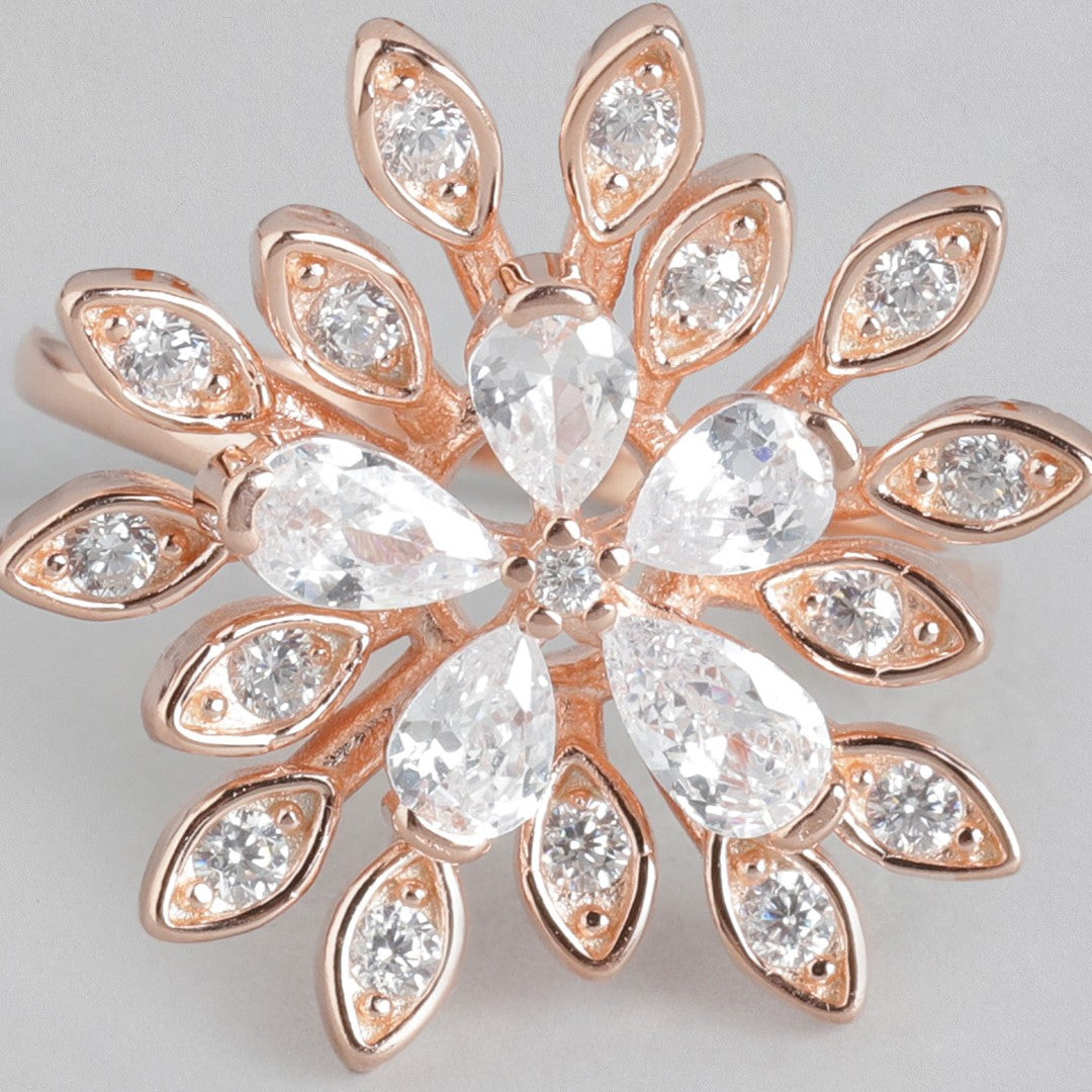 Floral Cubic Zirconia Rose Gold Plated 925 Sterling Silver Ring