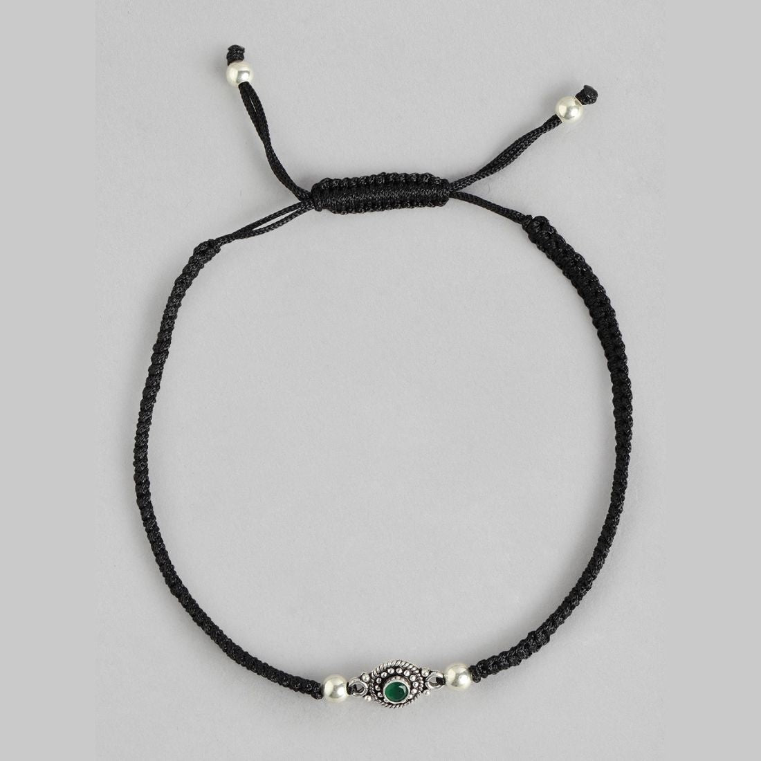 Green Stone Rhodium Plated 925 Sterling Silver Thread Anklet