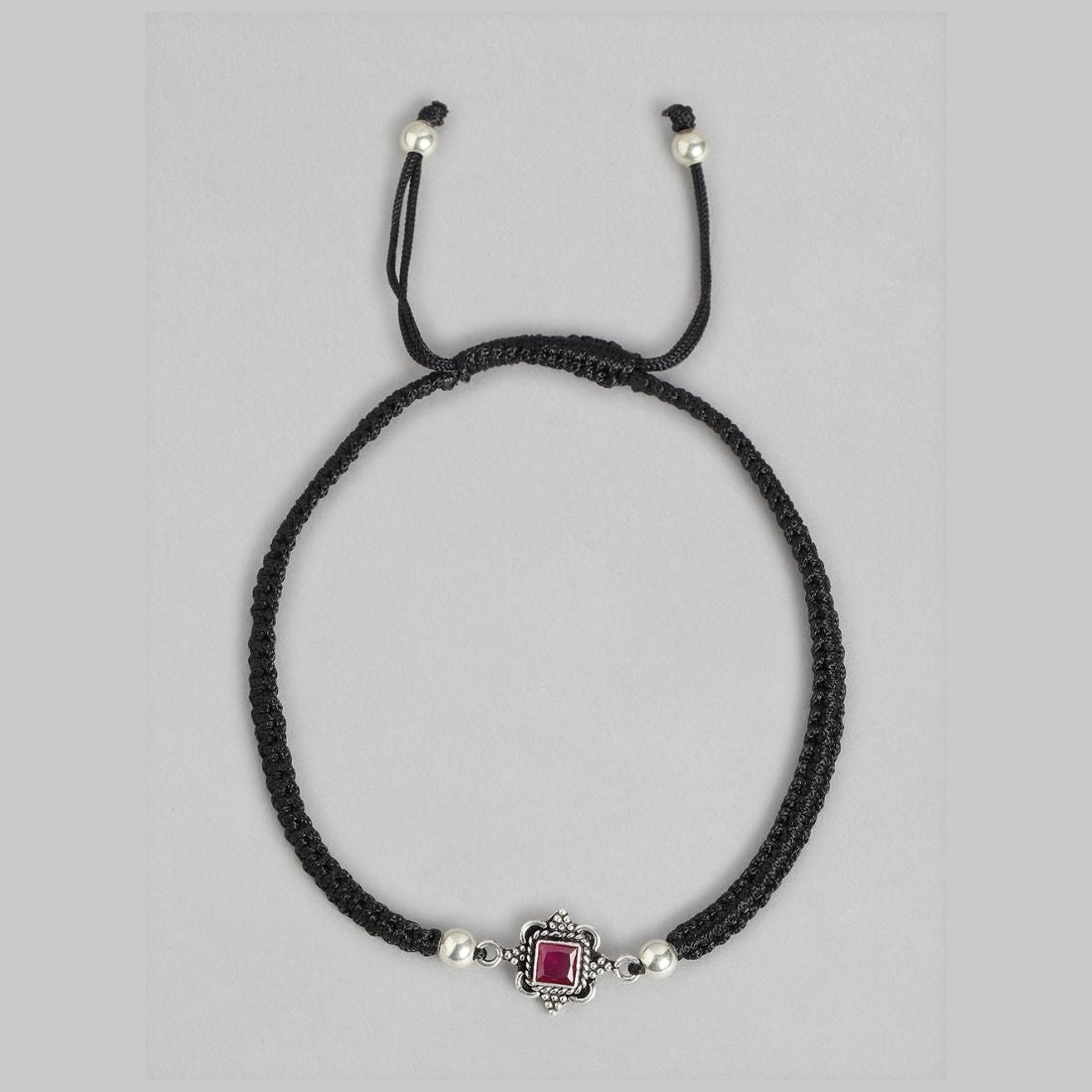 Classic Red Stone Rhodium Plated Sterling Silver Drawstring Anklet