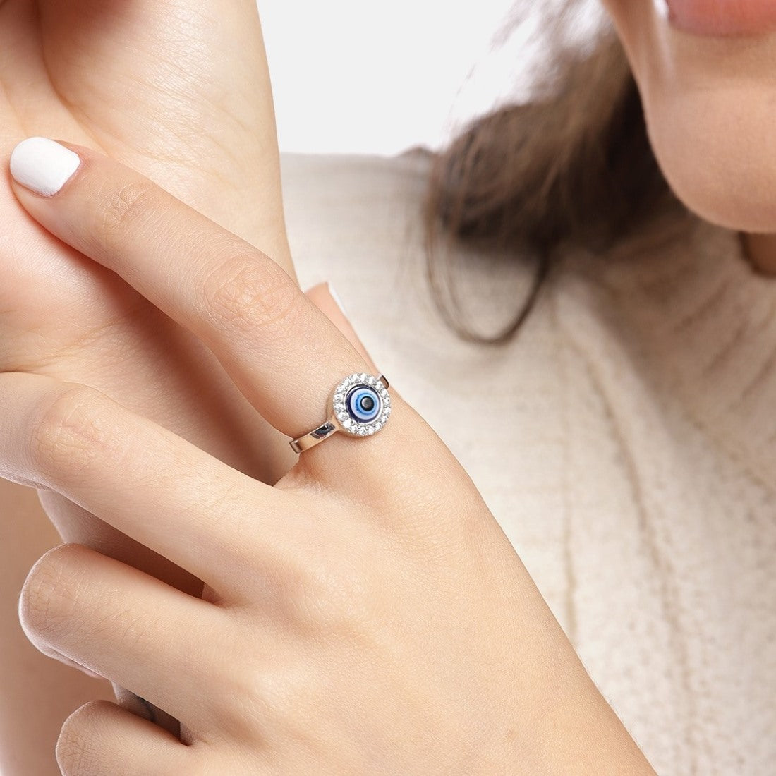 Mystic Ward Evil Eye CZ Rhodium Plated 925 Sterling Silver Ring (Adjus ...