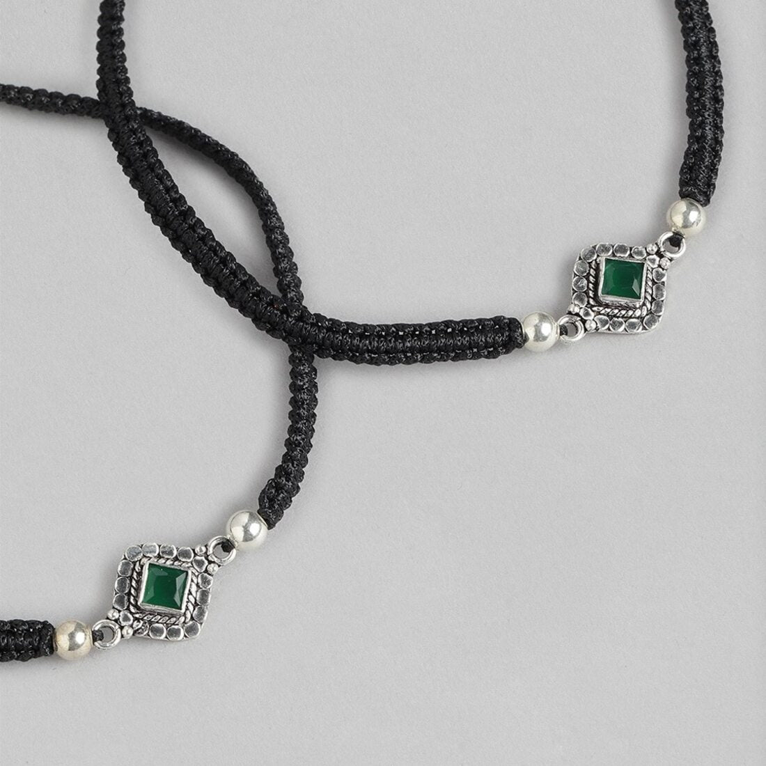 Contemporary Green Stone Rhodium Plated 925 Sterling Silver Drawstring Anklet
