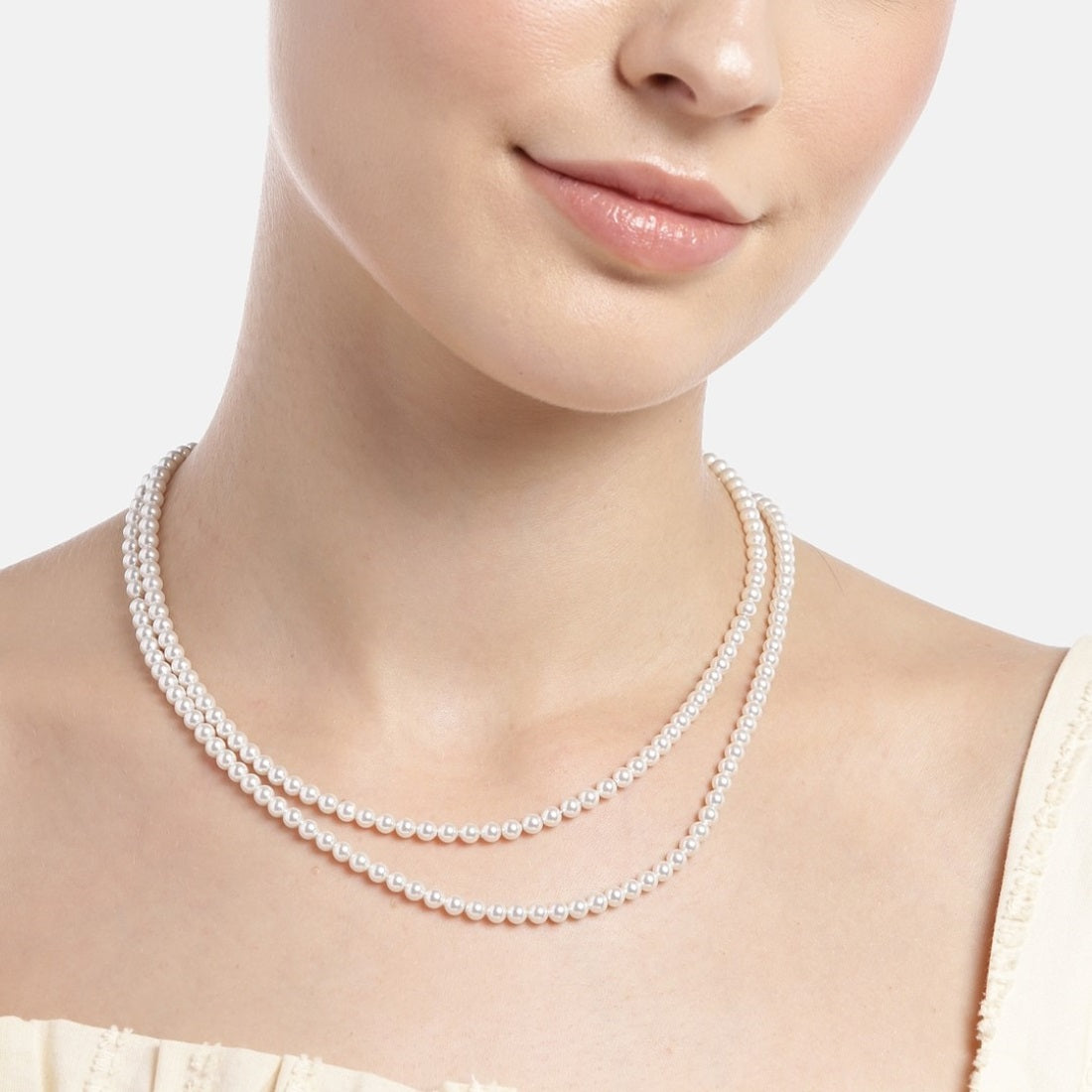 Lustrous Dual Layers Rhodium-Plated 925 Sterling Silver Freshwater Pearl Necklace
