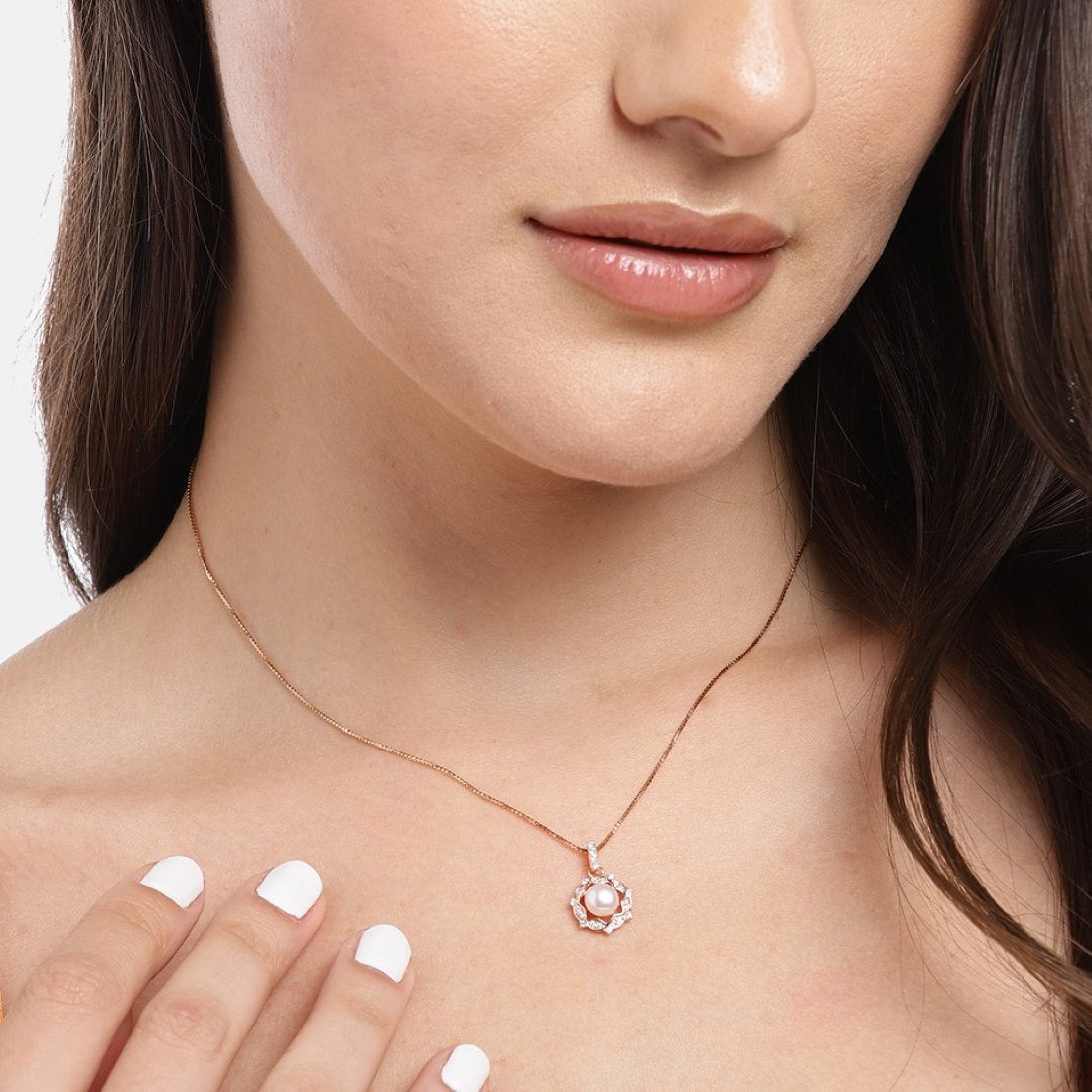 Glowing Harmony Rose Gold CZ & Pearl 925 Sterling Silver Pendent with Chain