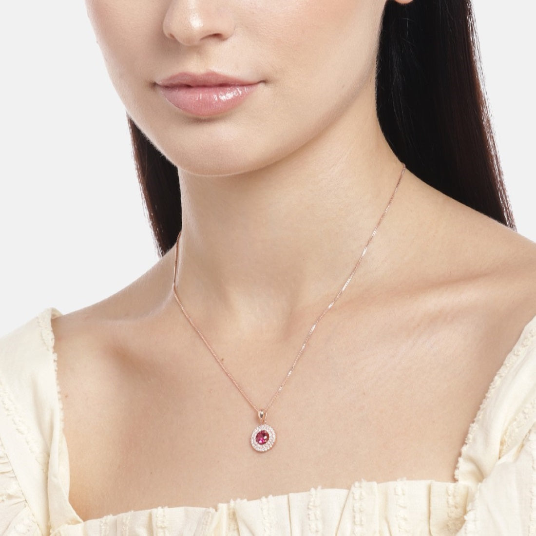 Crimson Radiance Rose Gold-Plated Circle Pendant 925 Sterling Silver Pendant with Chain