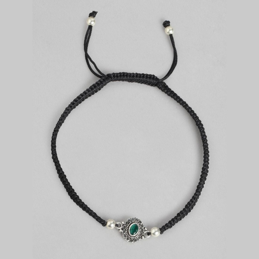 Round Green Stone Rhodium Plated 925 Sterling Silver Drawstring Anklet