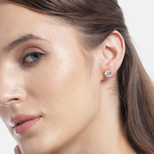 Dazzling Solitude Gold-Plated 925 Sterling Silver Stud Earrings