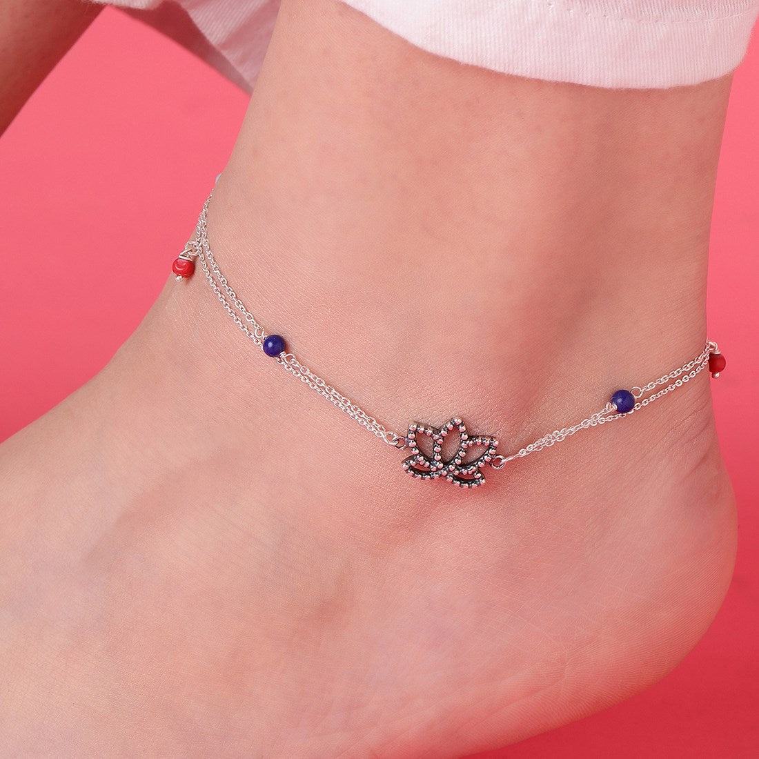 Lotus Blossom 925 Sterling Silver Anklet with Colorful Beads