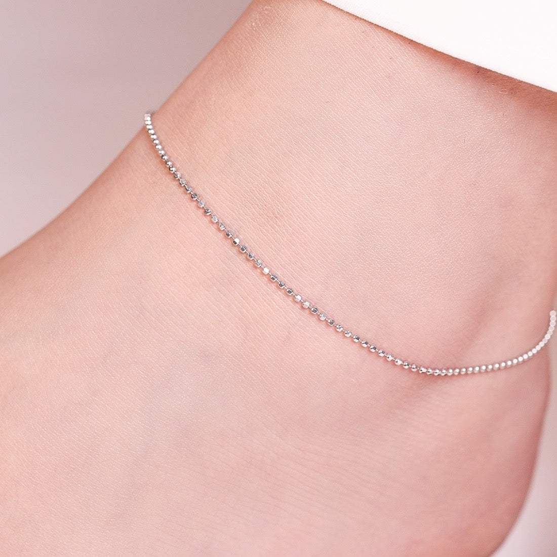 Minimal Tiny Beads Rhodium Plated 925 Sterling Silver Anklet