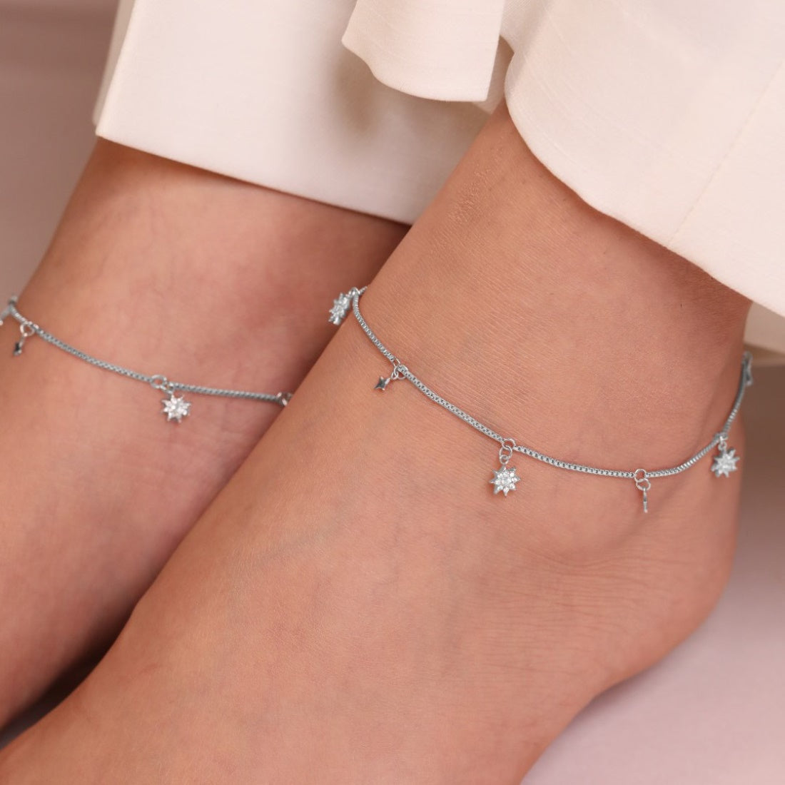 Starry Night Sky 925 Sterling Silver Rhodium-Plated Star Pattern Anklets