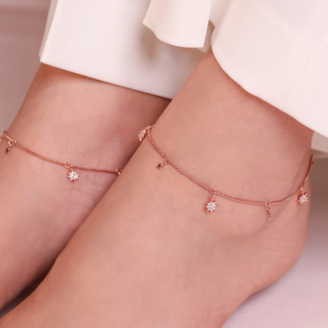 Enchanting Star 925 Silver Anklets In Rose Gold